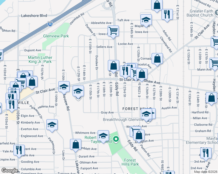 map of restaurants, bars, coffee shops, grocery stores, and more near 12006 Saint Clair Avenue in Cleveland
