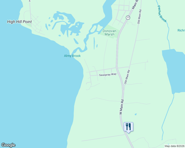 map of restaurants, bars, coffee shops, grocery stores, and more near 35 Seaspray Way in Little Compton