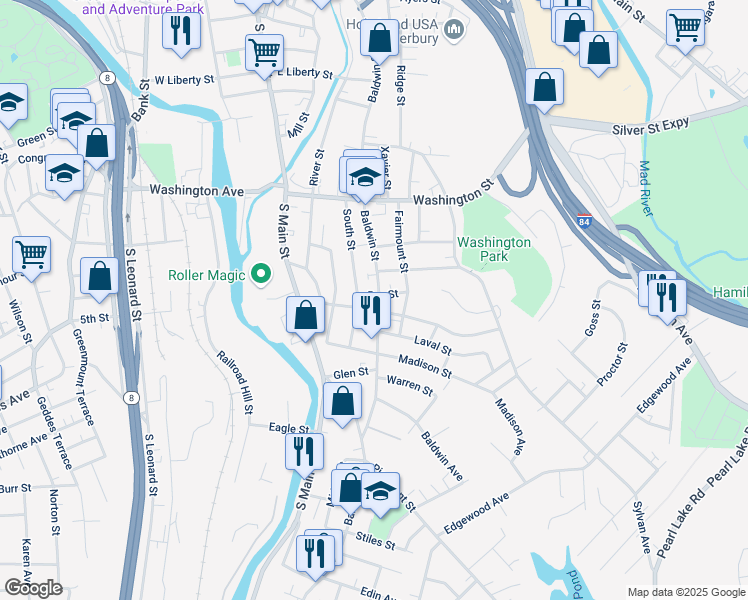 map of restaurants, bars, coffee shops, grocery stores, and more near 900 Baldwin Street in Waterbury