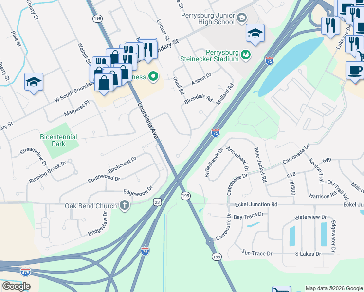 map of restaurants, bars, coffee shops, grocery stores, and more near 195 Foxhill Lane in Perrysburg
