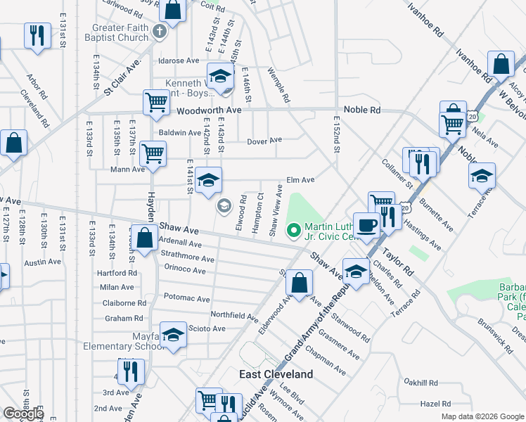 map of restaurants, bars, coffee shops, grocery stores, and more near 1334 Hampton Road in East Cleveland