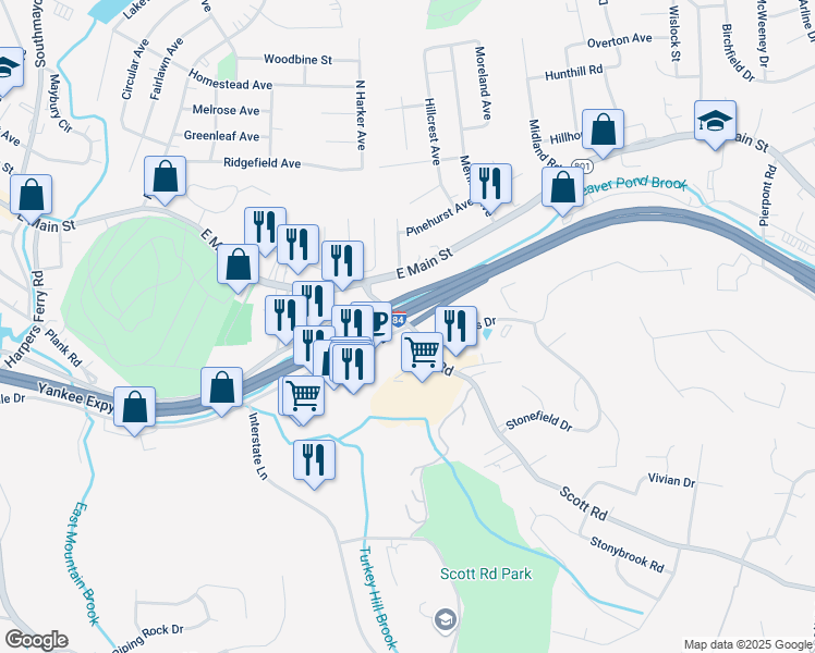 map of restaurants, bars, coffee shops, grocery stores, and more near Scott Road & Reidville Drive in Waterbury
