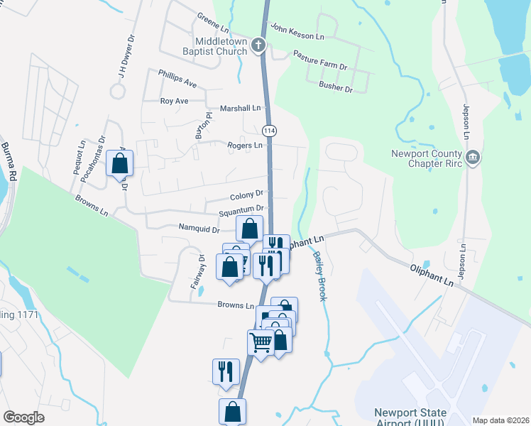 map of restaurants, bars, coffee shops, grocery stores, and more near 1560 West Main Road in Middletown