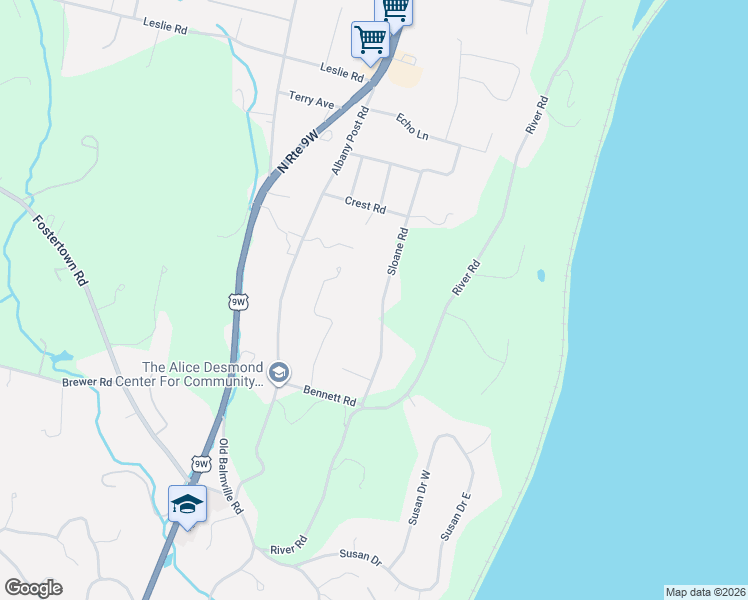 map of restaurants, bars, coffee shops, grocery stores, and more near 27 Sloane Road in Newburgh