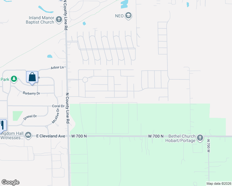 map of restaurants, bars, coffee shops, grocery stores, and more near 3833 Devonshire Street in Portage