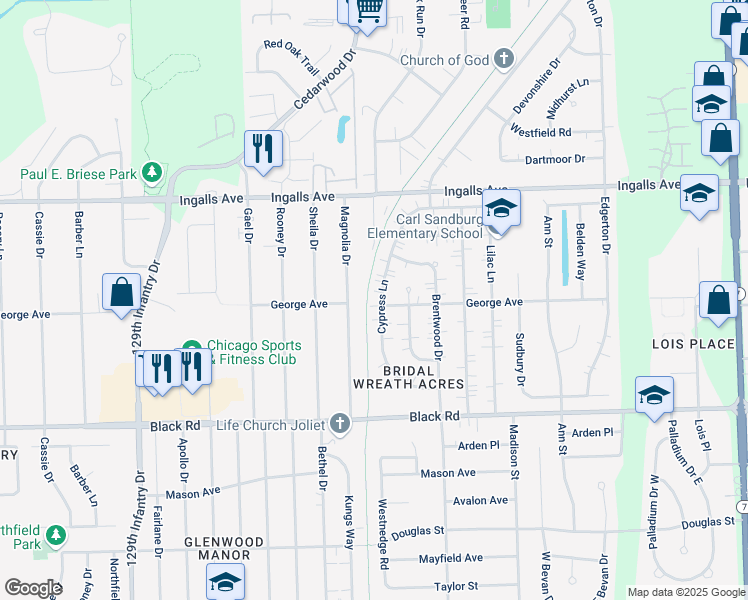 map of restaurants, bars, coffee shops, grocery stores, and more near 1012 Magnolia Drive in Joliet