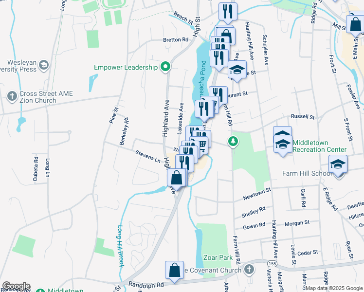 map of restaurants, bars, coffee shops, grocery stores, and more near 156 Lakeside Avenue in Middletown