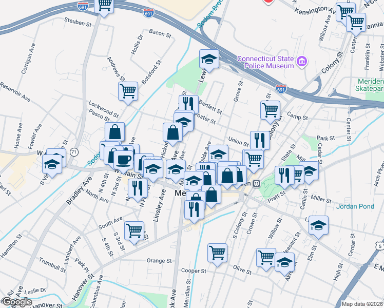 map of restaurants, bars, coffee shops, grocery stores, and more near 95 Goodwill Avenue in Meriden