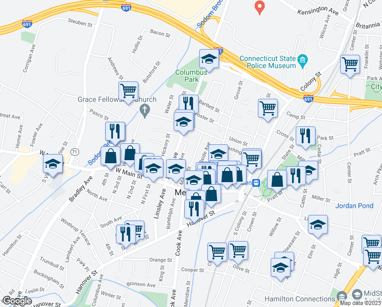 map of restaurants, bars, coffee shops, grocery stores, and more near 95 Goodwill Avenue in Meriden