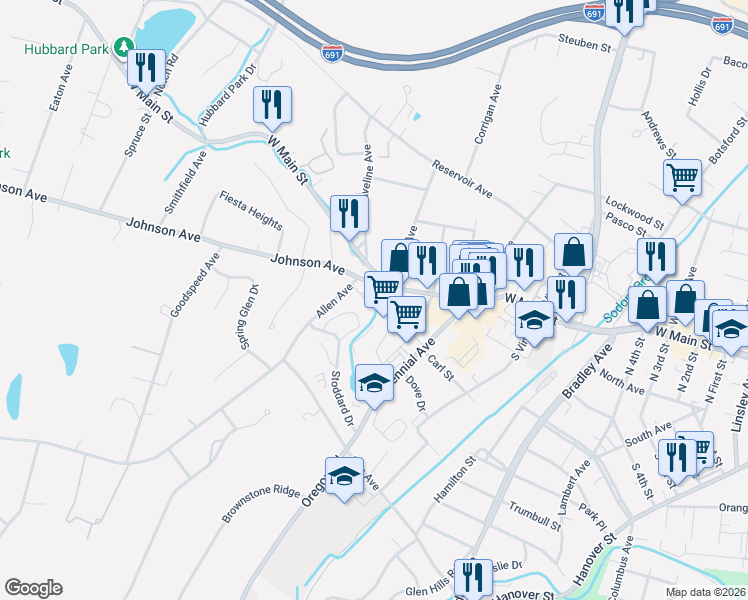 map of restaurants, bars, coffee shops, grocery stores, and more near 624 West Main Street in Meriden