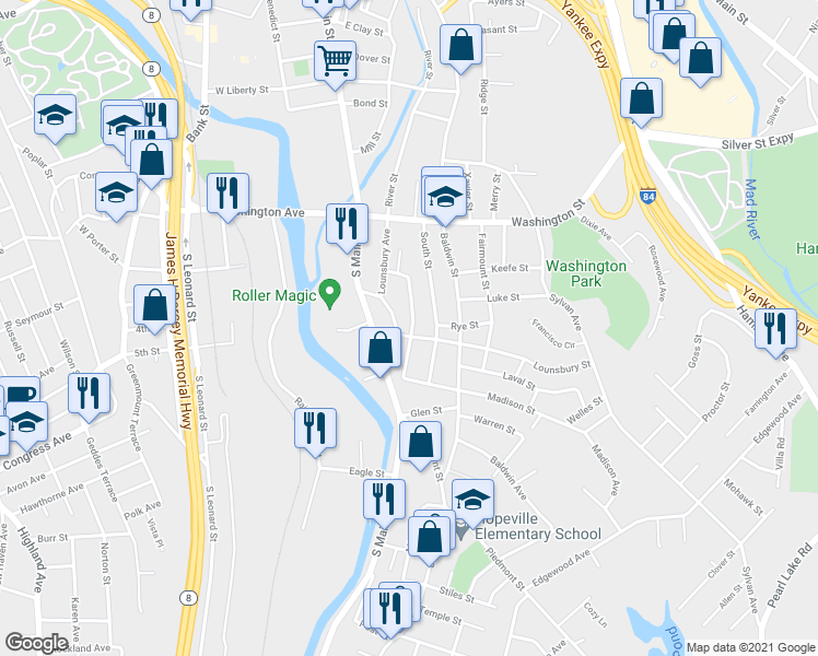 map of restaurants, bars, coffee shops, grocery stores, and more near 71 Southview Street in Waterbury