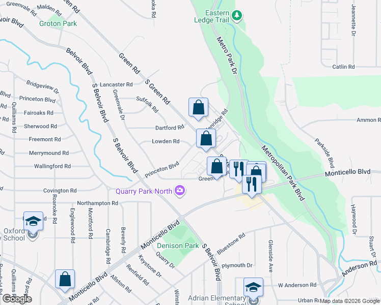 map of restaurants, bars, coffee shops, grocery stores, and more near 4142 Princeton Boulevard in South Euclid