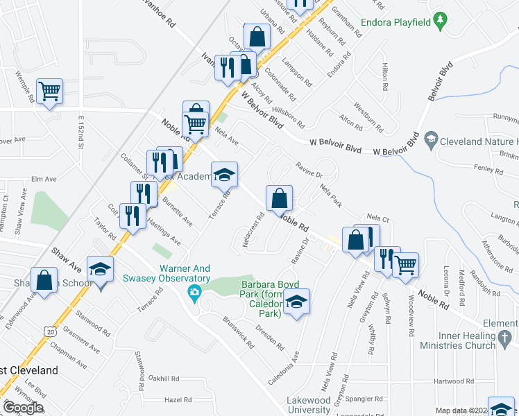 map of restaurants, bars, coffee shops, grocery stores, and more near 16025 Nelacrest Road in East Cleveland