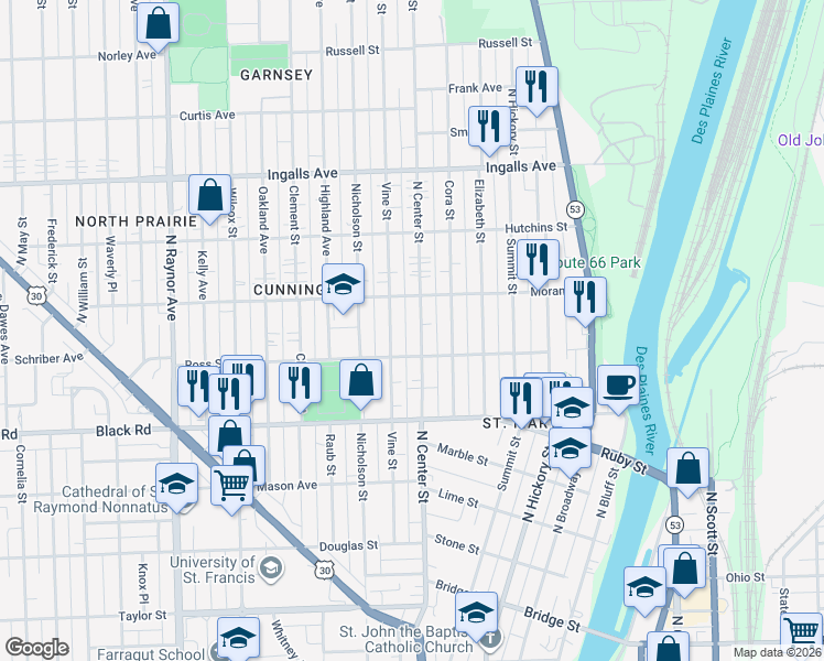map of restaurants, bars, coffee shops, grocery stores, and more near 919 North Center Street in Joliet