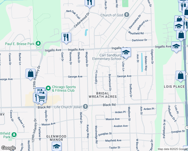 map of restaurants, bars, coffee shops, grocery stores, and more near 1012 Magnolia Drive in Joliet