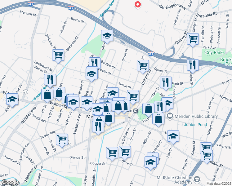 map of restaurants, bars, coffee shops, grocery stores, and more near 141 Grove Street in Meriden