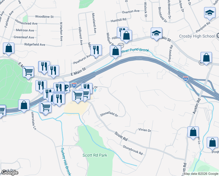 map of restaurants, bars, coffee shops, grocery stores, and more near 353 Schraffts Drive in Waterbury