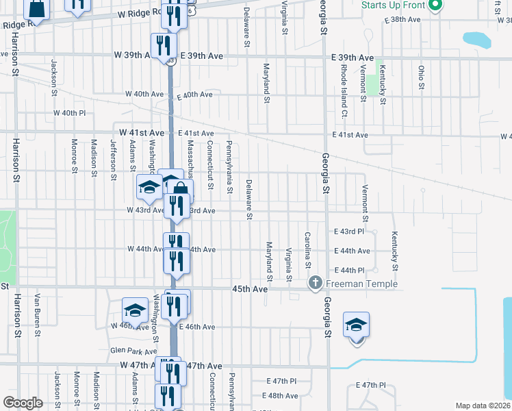 map of restaurants, bars, coffee shops, grocery stores, and more near 4265 Delaware Street in Gary