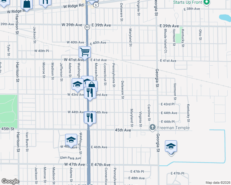 map of restaurants, bars, coffee shops, grocery stores, and more near 4260 Pennsylvania Street in Gary