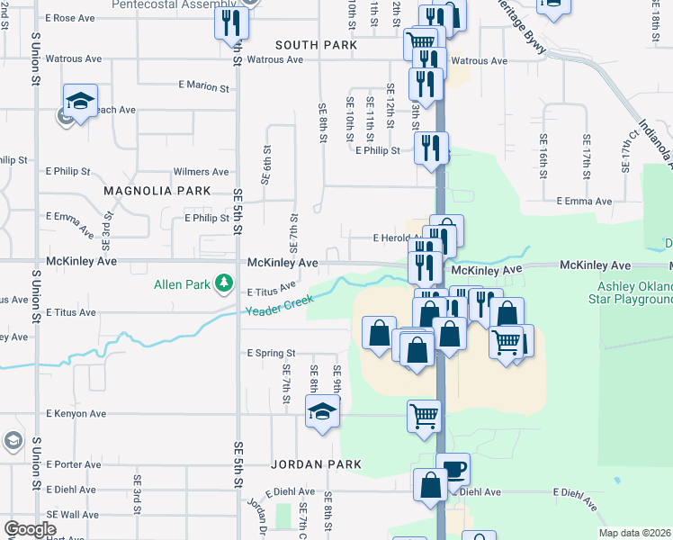 map of restaurants, bars, coffee shops, grocery stores, and more near 822 East McKinley Avenue in Des Moines