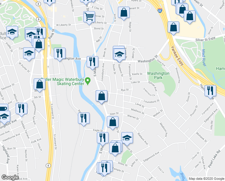 map of restaurants, bars, coffee shops, grocery stores, and more near 83 Southview Street in Waterbury