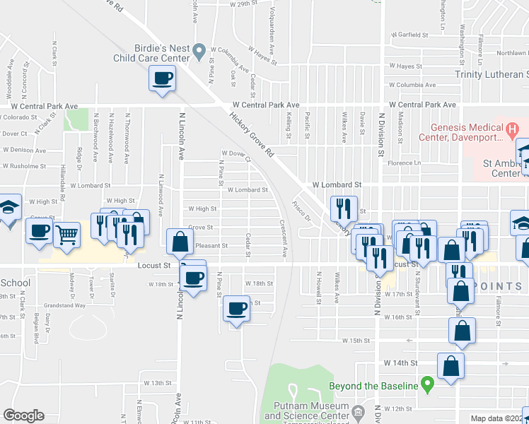 map of restaurants, bars, coffee shops, grocery stores, and more near 2123 West High Street in Davenport