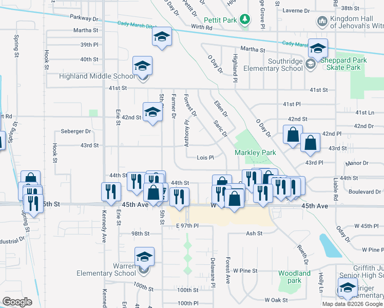 map of restaurants, bars, coffee shops, grocery stores, and more near 9505 Anthony Place in Highland