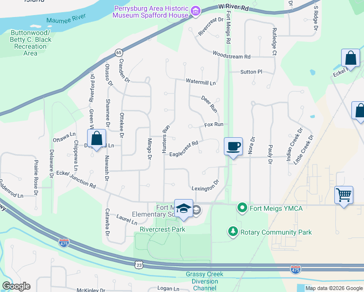map of restaurants, bars, coffee shops, grocery stores, and more near 1798 Arrow Lane in Perrysburg