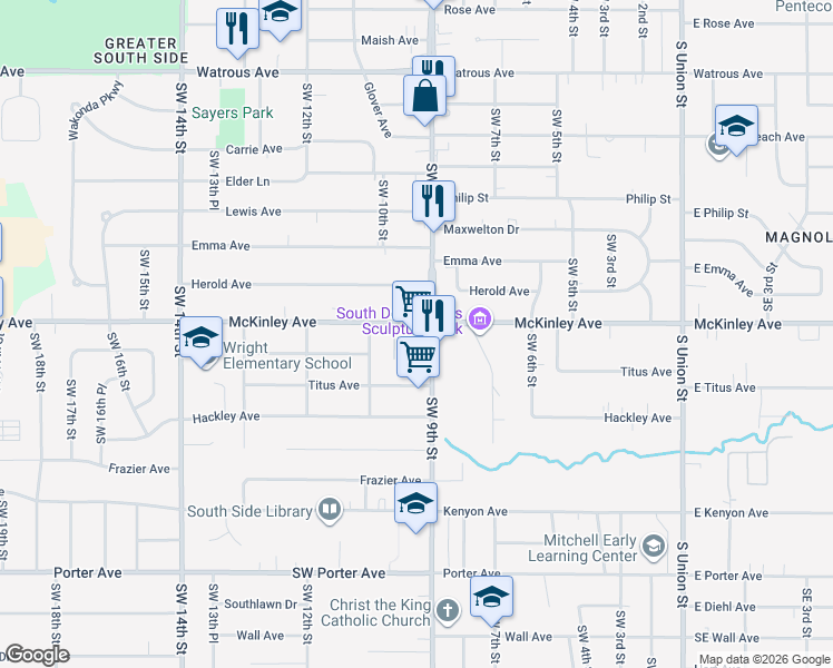 map of restaurants, bars, coffee shops, grocery stores, and more near 955 Southwest McKinley Avenue in Des Moines