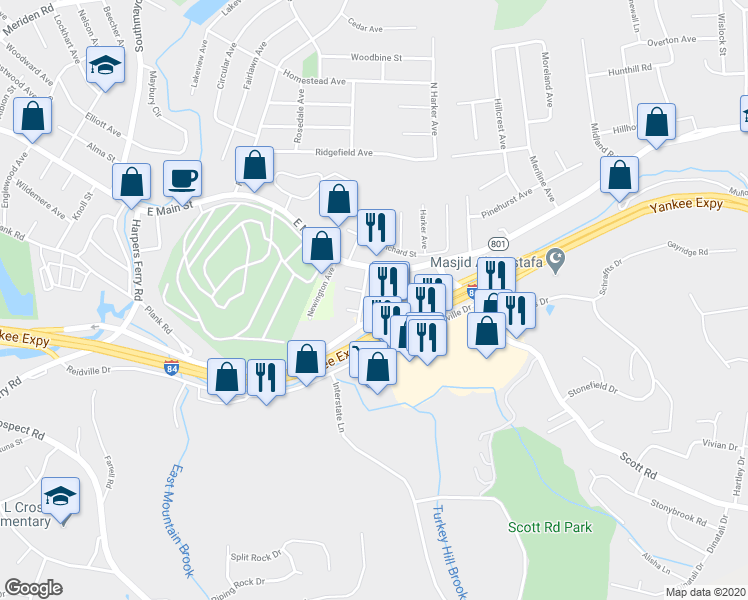 map of restaurants, bars, coffee shops, grocery stores, and more near 15 Fairbanks Street in Waterbury