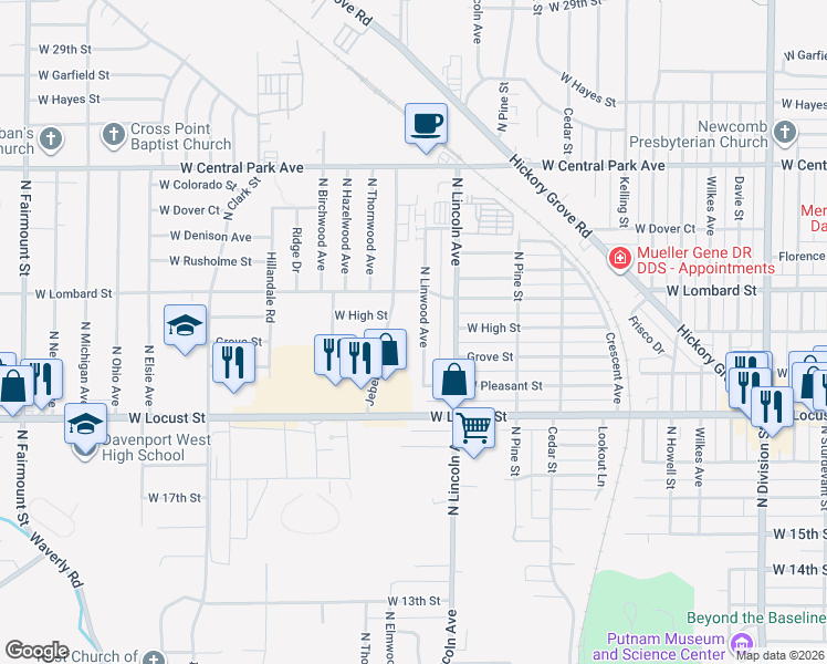 map of restaurants, bars, coffee shops, grocery stores, and more near 2108 N Linwood Ave in Davenport