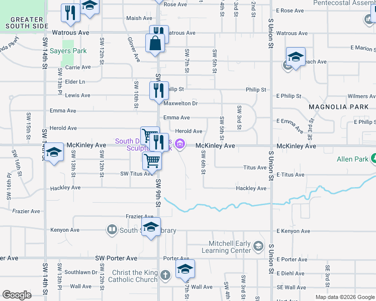 map of restaurants, bars, coffee shops, grocery stores, and more near 605 McKinley Avenue in Des Moines