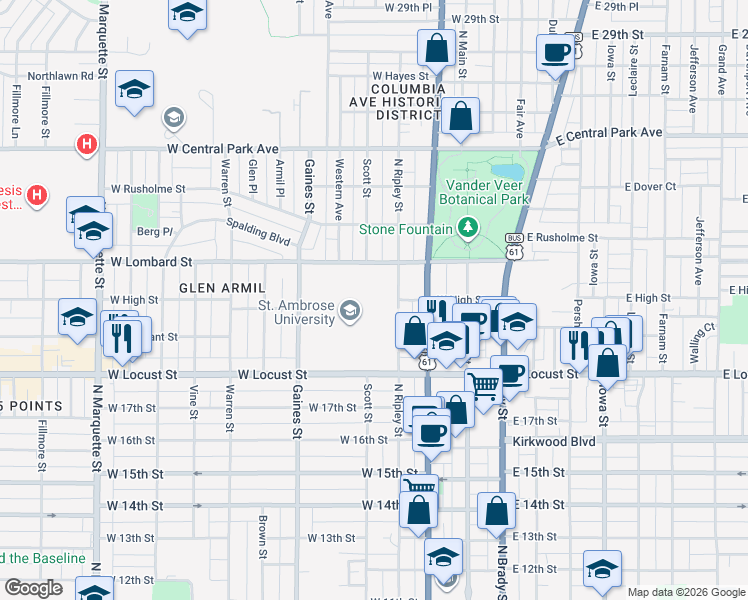 map of restaurants, bars, coffee shops, grocery stores, and more near 518 West Locust Street in Davenport