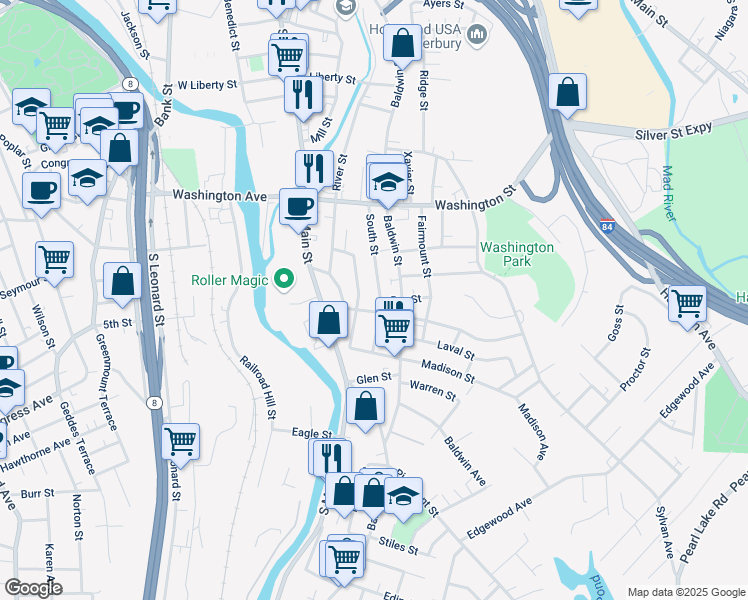 map of restaurants, bars, coffee shops, grocery stores, and more near 71 Southview Street in Waterbury