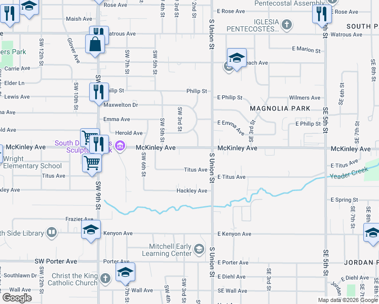 map of restaurants, bars, coffee shops, grocery stores, and more near 208 McKinley Avenue in Des Moines