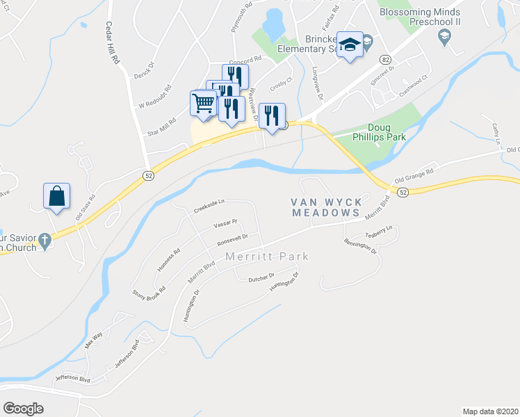 map of restaurants, bars, coffee shops, grocery stores, and more near 643 Creekside Lane in Fishkill