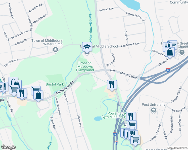 map of restaurants, bars, coffee shops, grocery stores, and more near 109 Middlebury Road in Middlebury