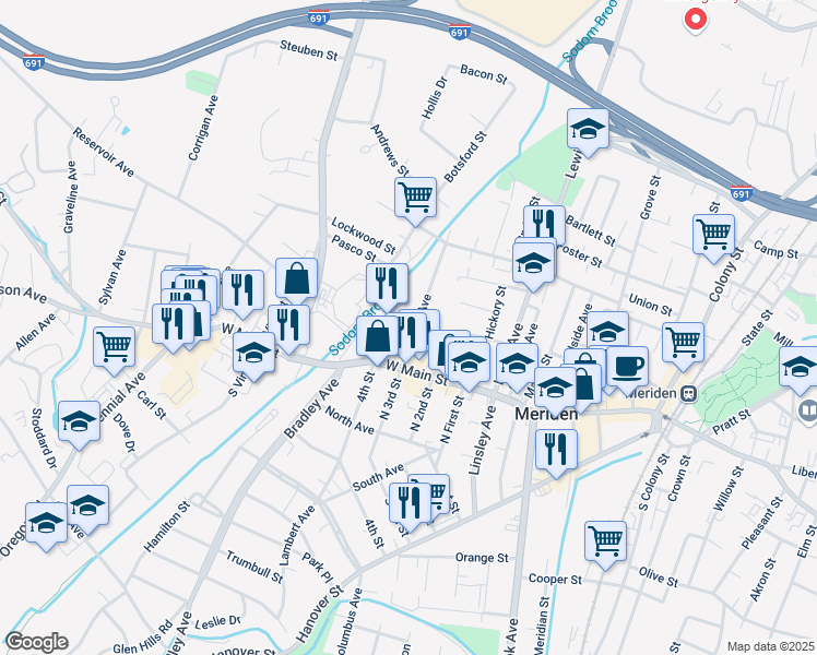 map of restaurants, bars, coffee shops, grocery stores, and more near 40 Windsor Avenue in Meriden