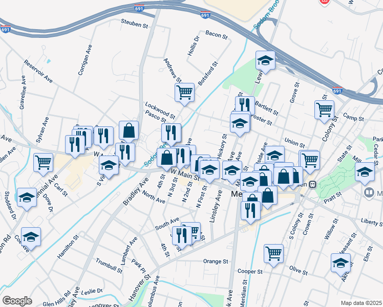 map of restaurants, bars, coffee shops, grocery stores, and more near 57 Windsor Avenue in Meriden