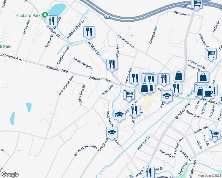 map of restaurants, bars, coffee shops, grocery stores, and more near 2 Allen Court in Meriden