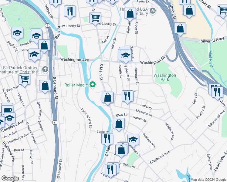 map of restaurants, bars, coffee shops, grocery stores, and more near 58 Lounsbury Street in Waterbury