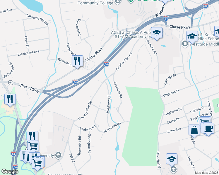 map of restaurants, bars, coffee shops, grocery stores, and more near 9 Middleway East in Waterbury