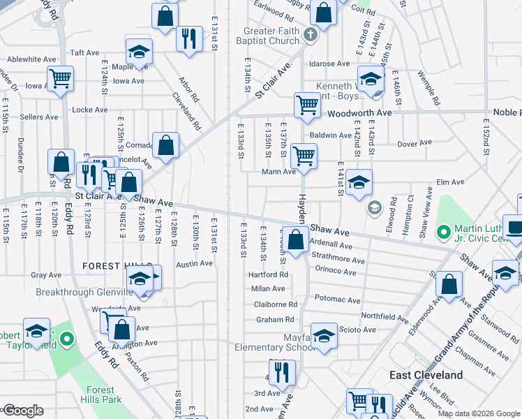 map of restaurants, bars, coffee shops, grocery stores, and more near 1363 East 133rd Street in East Cleveland