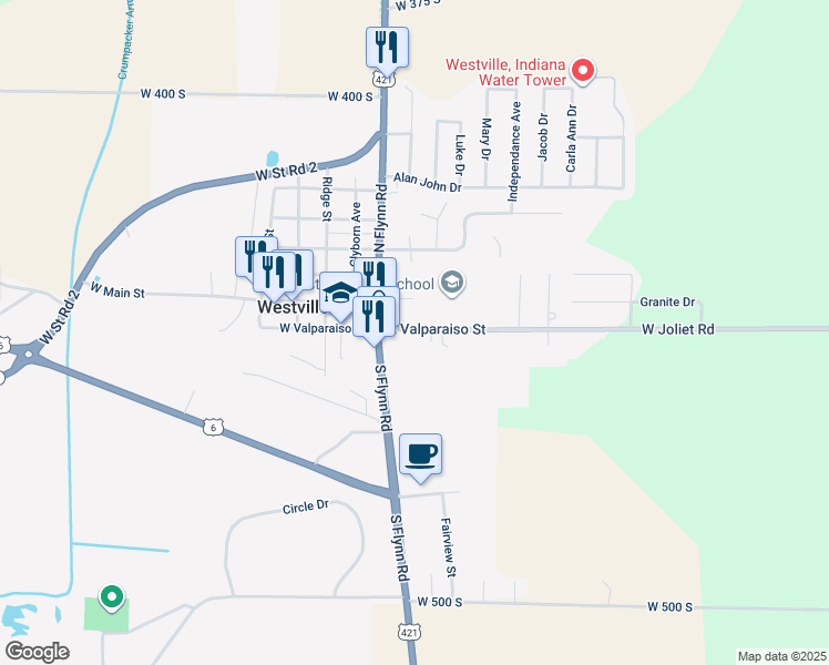 map of restaurants, bars, coffee shops, grocery stores, and more near 1-167 E Valparaiso St in Westville