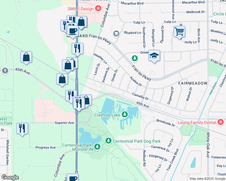 map of restaurants, bars, coffee shops, grocery stores, and more near 1028-1032 Camellia Drive in Munster