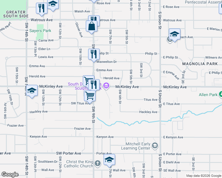 map of restaurants, bars, coffee shops, grocery stores, and more near 605 McKinley Avenue in Des Moines