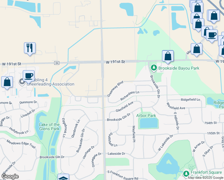 map of restaurants, bars, coffee shops, grocery stores, and more near 7780 Greenway Boulevard in Tinley Park