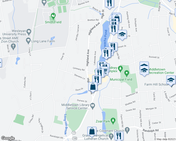map of restaurants, bars, coffee shops, grocery stores, and more near 62 Highland Avenue in Middletown
