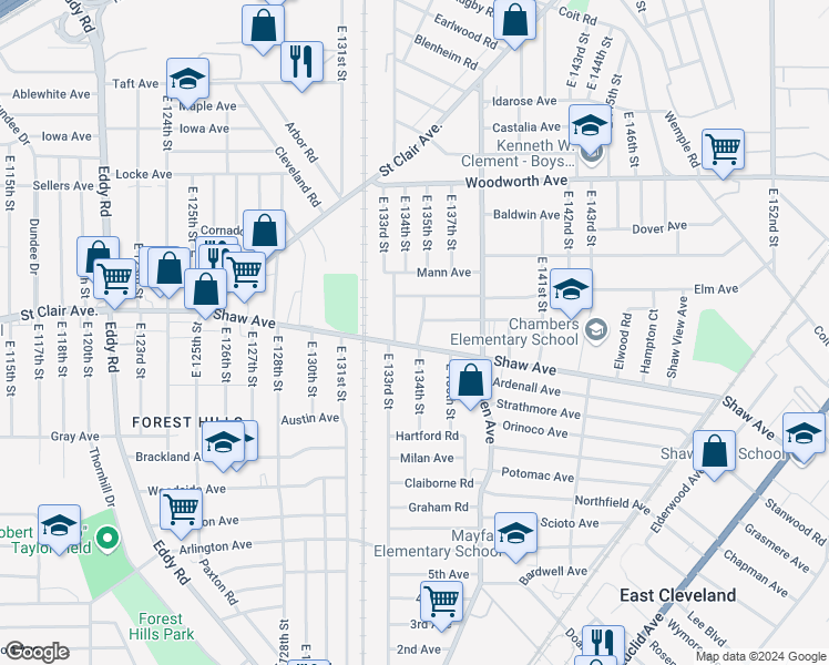 map of restaurants, bars, coffee shops, grocery stores, and more near 1374 East 134th Street in East Cleveland