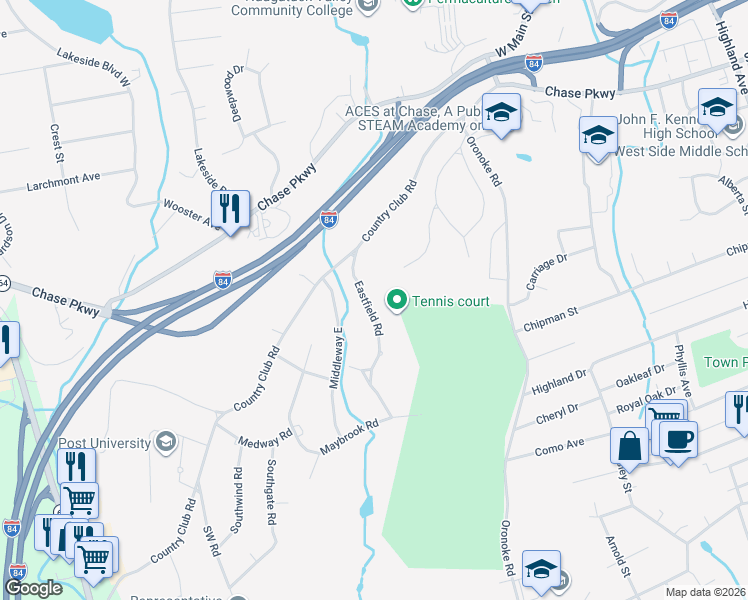 map of restaurants, bars, coffee shops, grocery stores, and more near 55 Eastfield Road in Waterbury